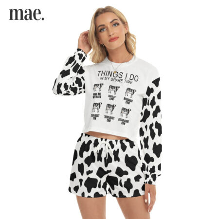 Cow White Crop Top Shirt And Shorts For Women