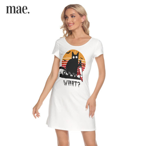 Black Cat Bloody Knife Short Sleeve White Dress