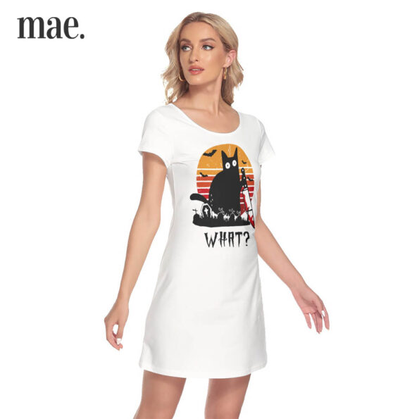 Black Cat Bloody Knife Short Sleeve White Dress