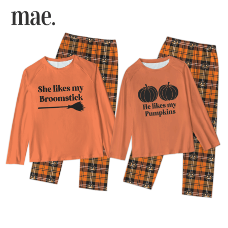 Broomstick Pumpkin Halloween Couple Orange Pajamas