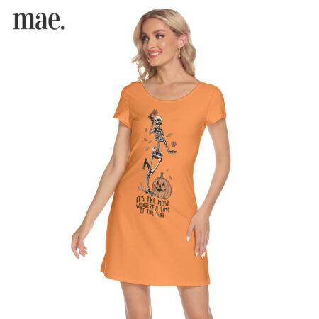 Wonderful Time Skeleton Short Sleeve Orange Dress