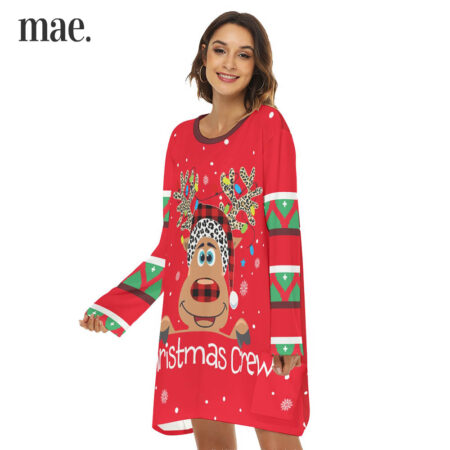 Cute Reindeer Long Sleeve Women's Dress For Christmas