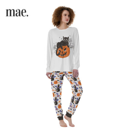 Black Cat Pumpkin Womens Halloween Pajama Set