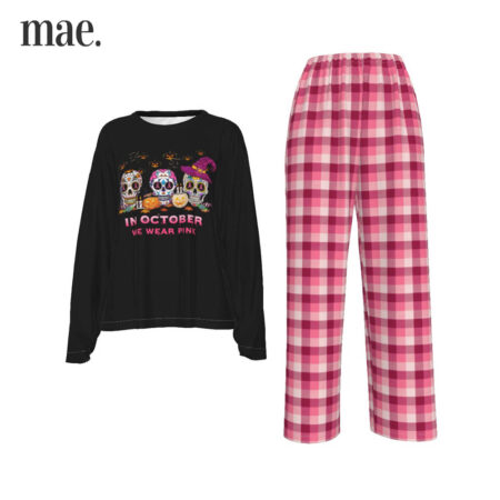 Black Pink Skull Halloween Pajama Set For Women