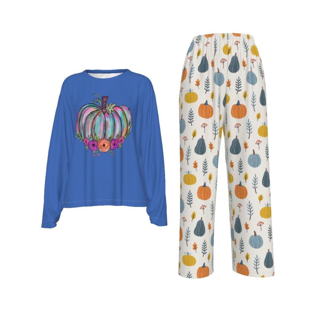 Watercolor Pumpkin Blue Halloween Casual PJs For Women