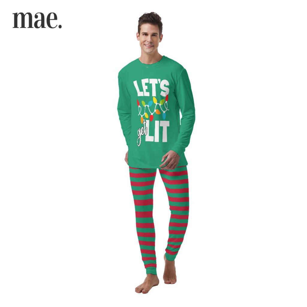 Basic Let's Get Lit Striped Green Mens Christmas Pj