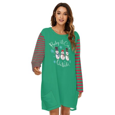 Baby It's Cold Outside Snowman Long Sleeve Striped Women Christmas Dress