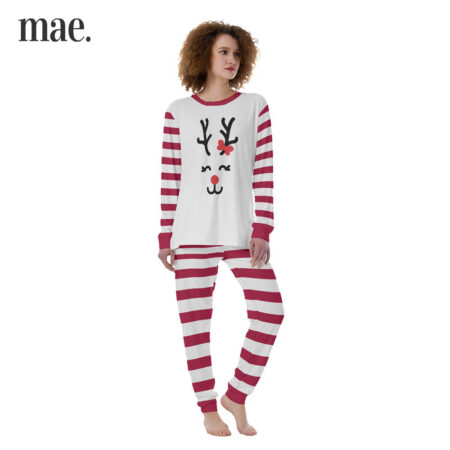 Reindeer Red Striped Womens Pajama Set Cute Couple Matching Pjs