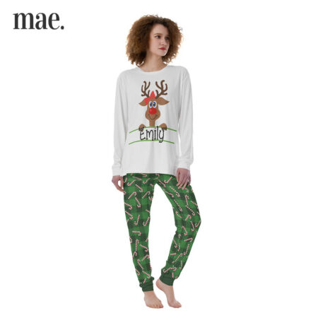 Womens Long Pajamas Joy Christmas Reindeer With Custom Name