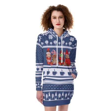 Coffee Gnome Christmas Women's Hoodie Dress Blue White