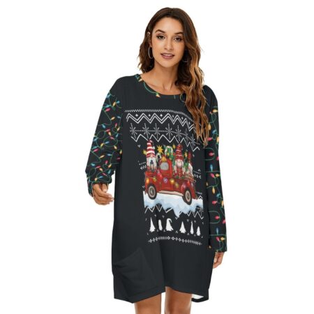 Women Christmas Loose Dress Black Gnome Red Truck