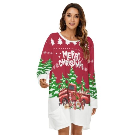 Women Christmas Loose Dress Gnome Red Truck