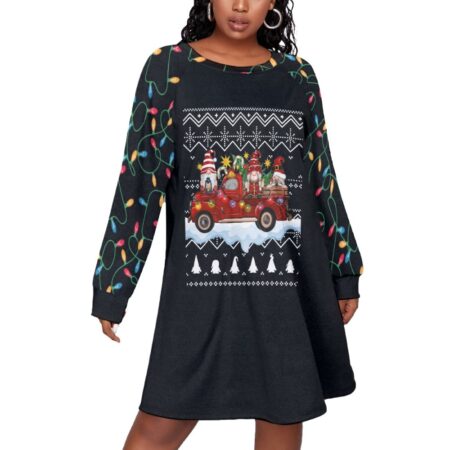 Women Christmas Plus Size Dress Black Gnome Red Truck