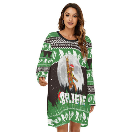 Bigfoot Christmas Loose Dress For Women Green Black