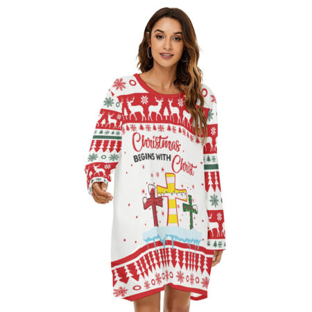 Christ Women Xmas Loose Dress White Red