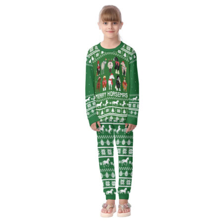 Christmas Kid Pajamas For Horse Lovers Green